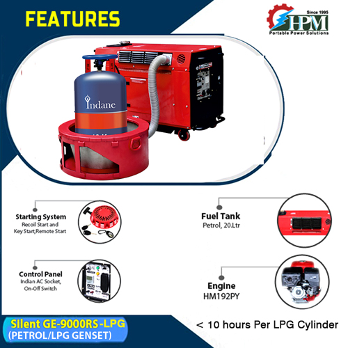 10 KVA World’s Most Powerful & Most Light Weight Portable Generator LPG, Petrol & LPG RUN, Recoil & Self Start Model Silent GE-9000RS 